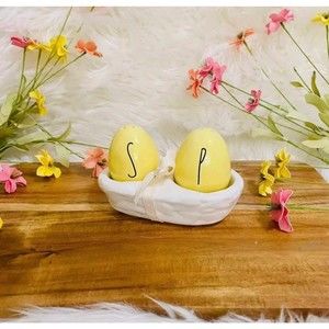 Authentic Rae Dunn Spring Easter Yellow Egg Shaped Salt and Pepper Shakers Decor